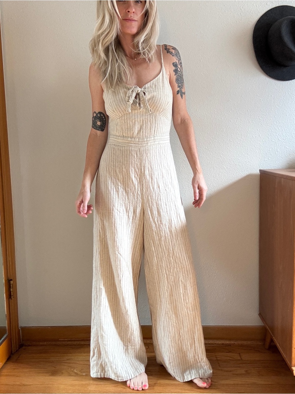 Wide-Leg Linen Blend Jumpsuit Beige Pinstripe Small Coastal Minimal Neutral Tie